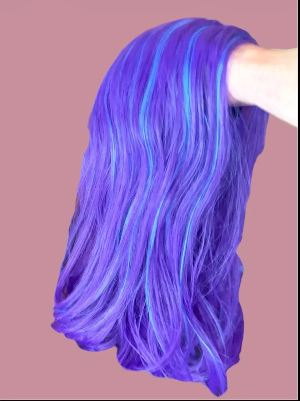 Purple synthetic long wig with blue highlights